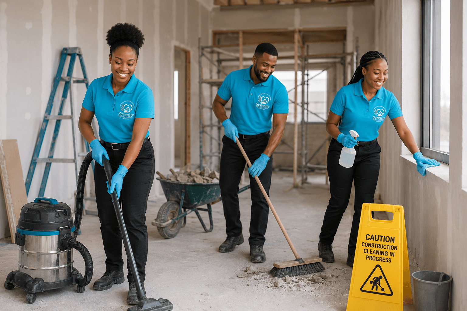Serenity team clearing dust and debris on a construction site