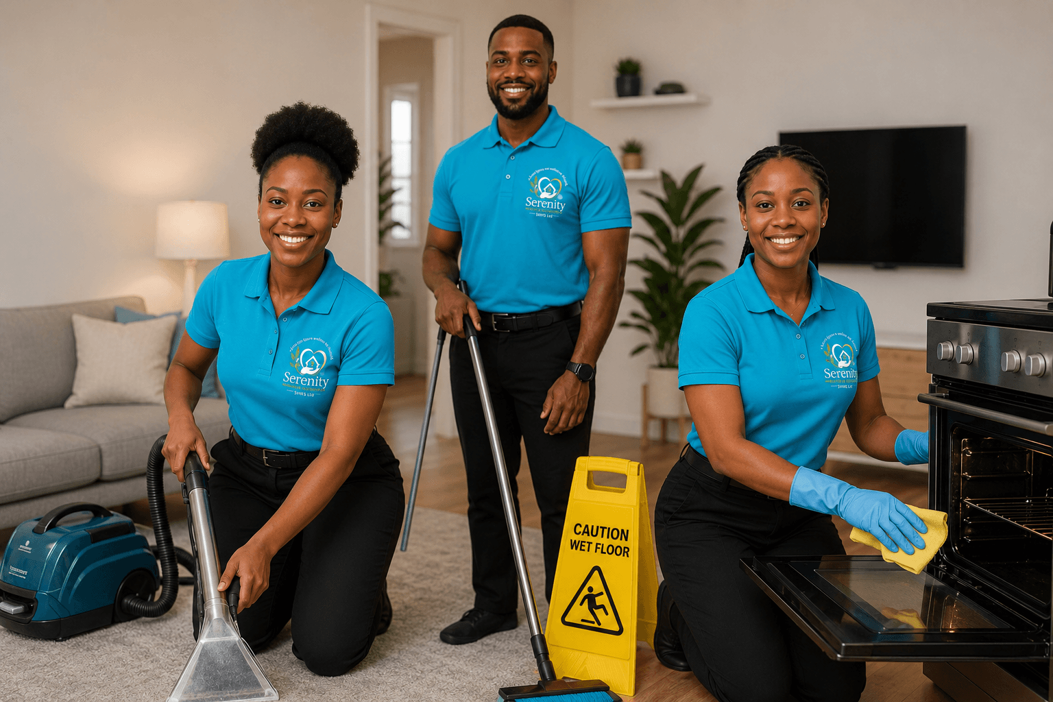Serenity team vacuuming and cleaning a bright living room