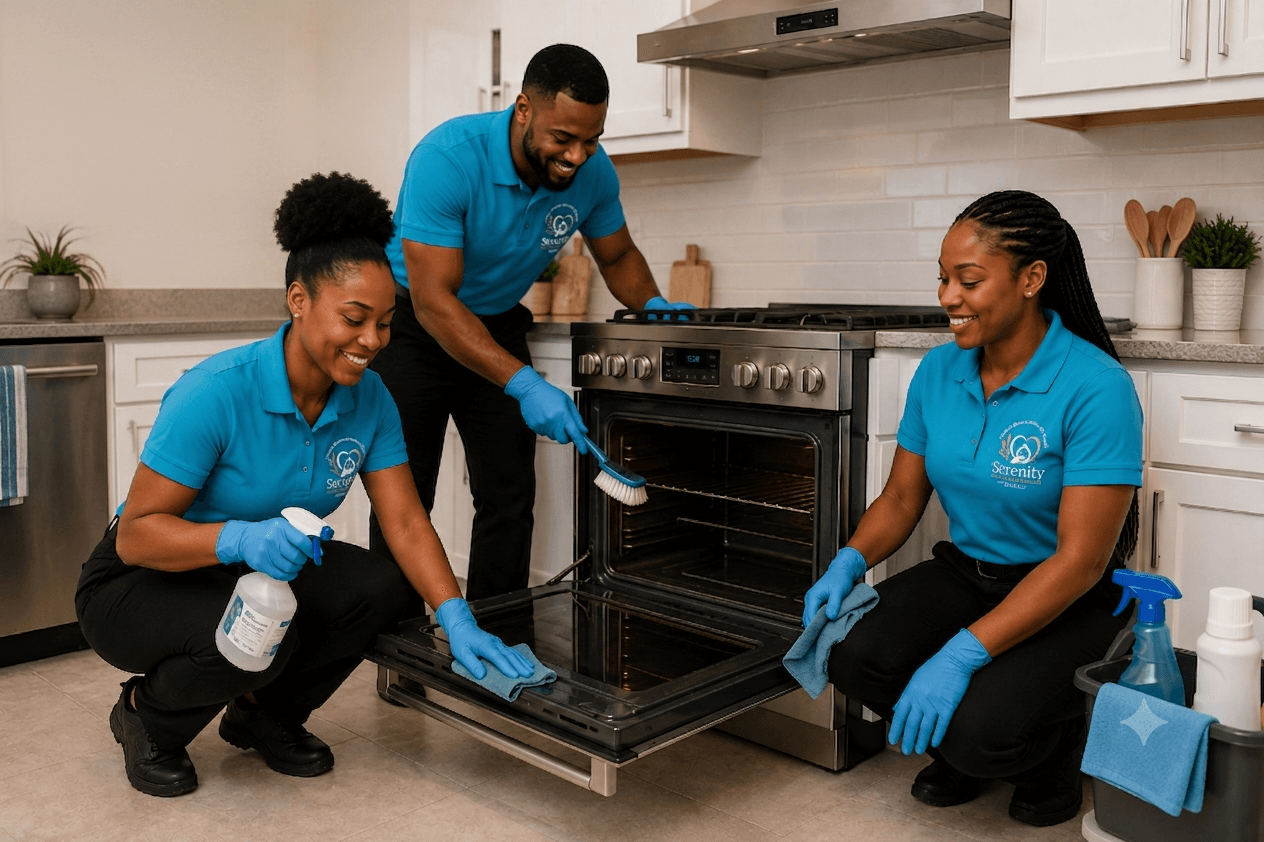 Serenity cleaners cleaning an oven and cooker in a kitchen