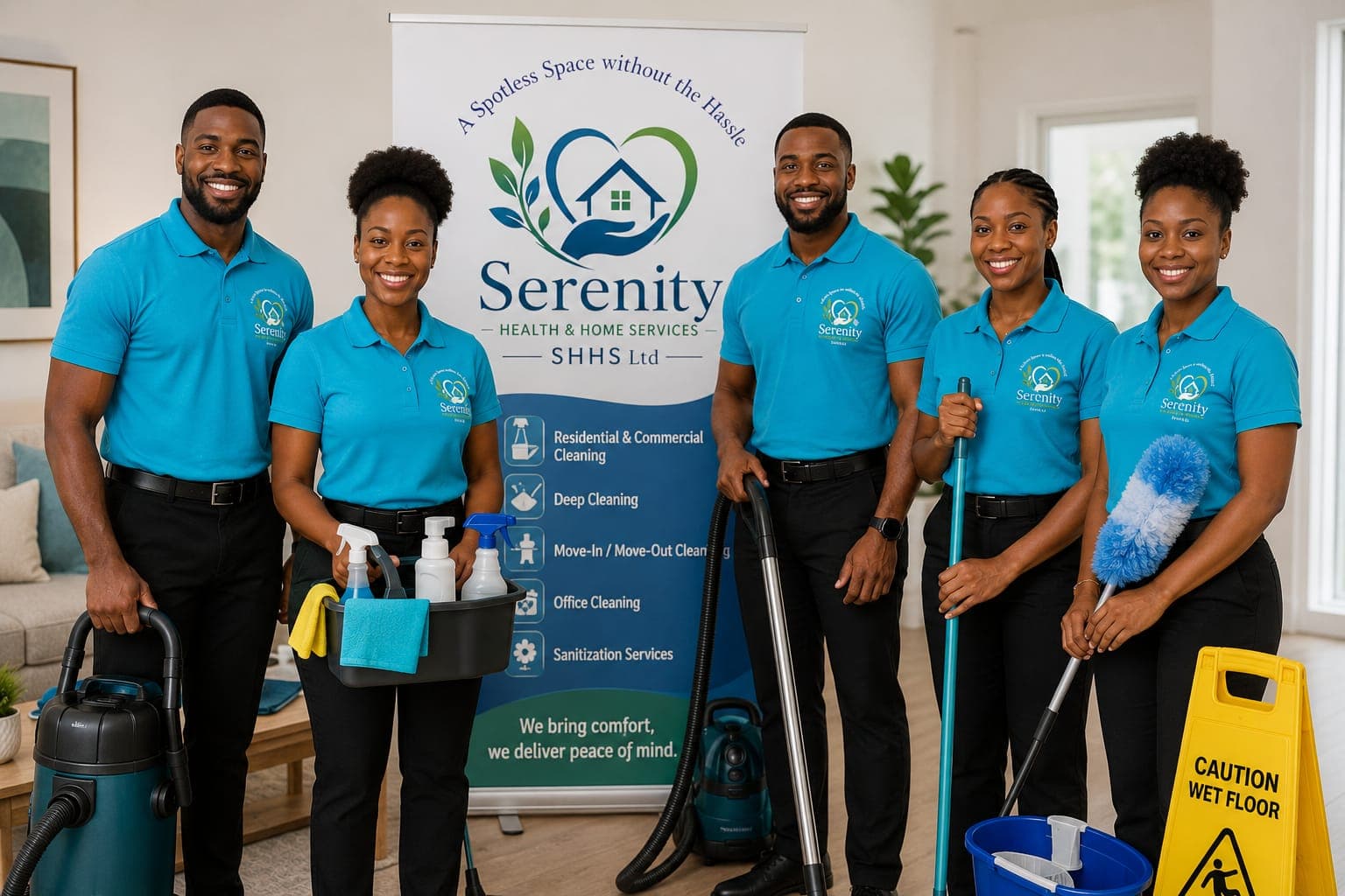 The Serenity Health & Home Services team with cleaning equipment