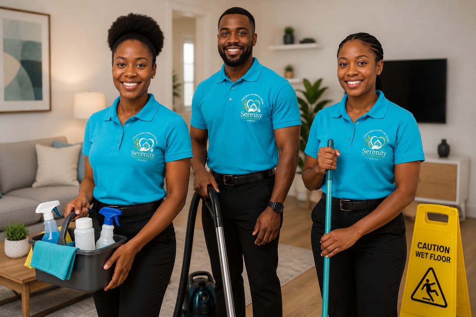 Serenity cleaners ready for a job in a bright living room